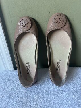 Michael Kors Taupe Leather Logo Ballet Flats